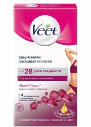 Восковые полоски для депиляции в области бикини и подмышек, Veet (Вит) №14 Суприм Эссенц с ароматом бархатной розы и эфирными маслами технология Изи-Гельвокс